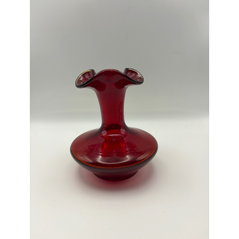 Vintage Ruby Red Glass Bud Vase Ruffled Rim UV Reactive Cadmium Glow 5.25 Inch